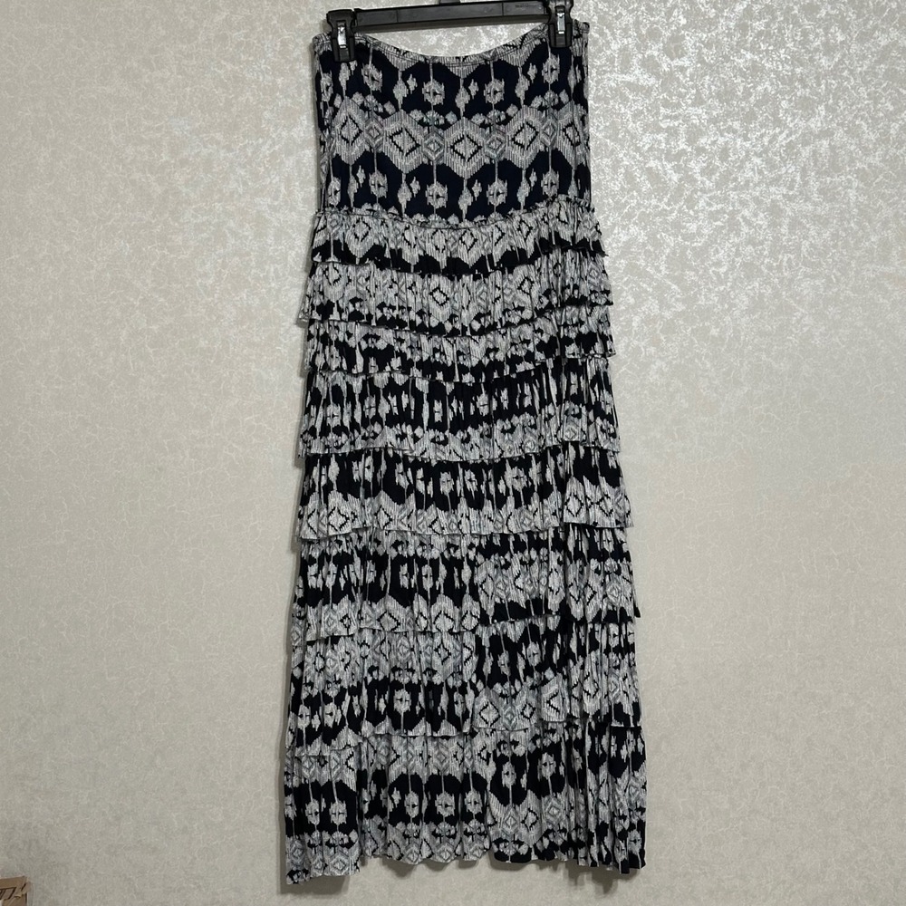 Grace Elements‎ Strapless Tiered Midi Dress Navy Blue White Ikat Style Print M